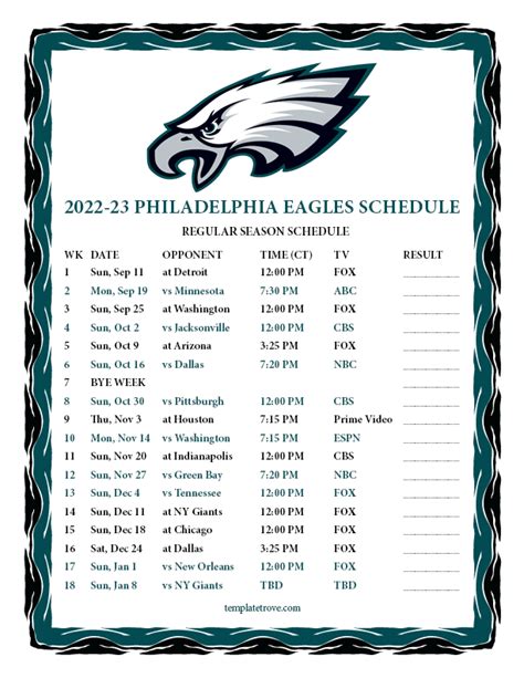 Philadelphia Eagles Schedule 2022 Printable